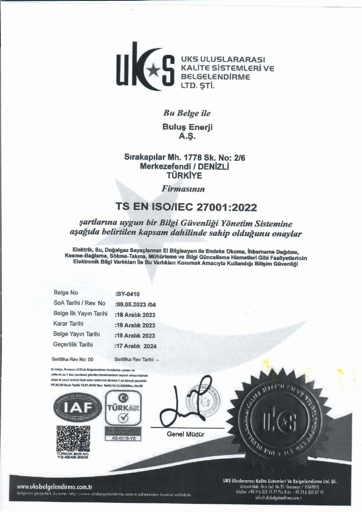 ISO 27001:2022 Bilgi Güvenliği Yönetim Sistemi